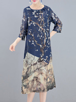 Chinese Style Printed Half Sleeve Side Split Vintage Dresses