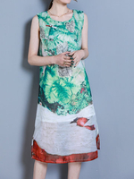 Chinese Style Sleeveles Printed Plate Buckle Vintage Dresses