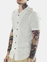 Chinese Style Vintage Casual Cotton Linen Slim Fit Short Sleeve Dress Shirts for Men