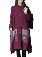 Chinese Style Vintage Printed Button Split High Low Cardigan For Women