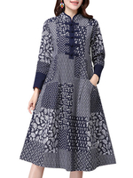Chinese Style Vintage Printed Stand Collar Button A-Line Dress For Women