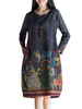 Chinese Style Women Character Printed O-Neck Long Sleeve A-Line Dress