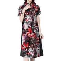 Chinese Style Women Printed Patchwork Mandarin Collar Robe Dress
