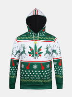 Chirstmas Theme Deer Snow Flakes Printing Front Pocket Casual Sport Hoodies