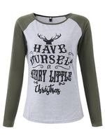 Christmas Deer Letter Printed Raglan Sleeve Contrast Casual Women Shirt