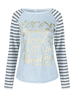 Christmas Stripe Letter Printed Raglan Sleeve Preppy Style Women T-Shirts