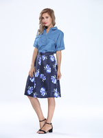 Classical Pattern Printed High Waist Pleated Elegant Women A Line Skirt