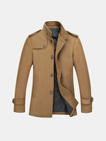 Classical Stand Collar Epaulets Decoration Slim Fit Woolen Long Trench Coat for Men