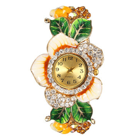 Cloisonne Luxury Watch Flower Leaves Rhinestone Watch for Women Gift