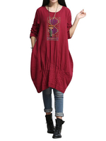 Cocoon Pleated Ethnic Printed Vintage Long Sleeve Women Dress