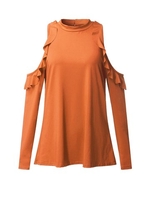 Cold shoulder Flouncing Stand Collar Long Sleeve Women T-shirt