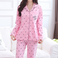 Comfy Printing Cotton Cardigan Turn-down Collar Long Sleeve Sleepwear Sets For Women