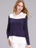 Contrast Color Long Sleeve Lapel OL Chiffon Loose Blouse