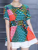 Contrast Color Print Short Sleeve O Neck Women T-Shirts