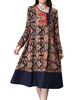 Contrast Patchwork Ethnic Printed Button Pleated Long Sleeve Women Dresses
