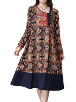 Contrast Patchwork Ethnic Printed Button Pleated Long Sleeve Women Dresses