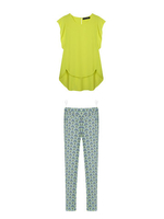 Contrast Short Sleeved Women Chiffon Shirt And Printing Pencil Pant Suit