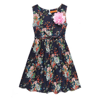 Cotton Floral Print Tie Sleeveless O-neck Dress For Kids Girls