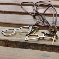 Couple Punk Alloy Glasses Cross Medal Leather Necklace