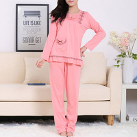 Cozy Round Collar Embroidery Pajamas Long Sleeve Sleepwear Sets For Women