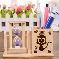 Creative Hourglass Cute Cartoon Wooden Pen Holder Sandglass Office Accessories Home Decor