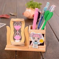 Creative Hourglass Cute Cartoon Wooden Pen Holder Sandglass Office Accessories Home Decor