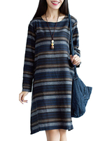 Cross Stripe Retro Style Women Long Sleeve Casual Dress