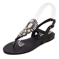 Crystal Beaded Clip Toe Black Bohemia Flat Buckle Gladiators