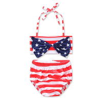 Cute Girls American Flag Star Striped Printed Bikini Bowknot Halter Hight Waist Swimsuit