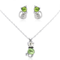 Cute Jewelry Set Rhinestone Crystal Cat Necklace Earrings Set
