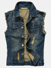 Denim Blue Slim Fit Plus Size Holes Ripped Stone Washed Chest Pockets Vest for Men