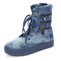 Denim Cowboy Metal Mid Calf Lace Up Warm Canvas Boots