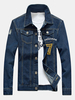 Denim Long Sleeve Slim Fit Dark Blue Hole Design Number Mark Buttons Blazer Jacket For Men