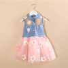 Denim Patchwork Floral Sleeveless Lapel Yarn Dress For Kids Girl