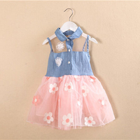 Denim Patchwork Floral Sleeveless Lapel Yarn Dress For Kids Girl
