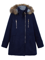 Detachable Fur Hooded Patchwork Double Zipper Woolen Coat