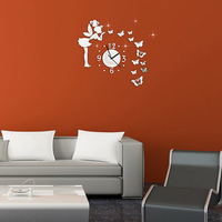 DIY Butterfly Angel Mirror Wall Clock Acrylic Sticker Kids Room Art Home Decor