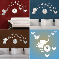 DIY Elephants Qute Butterfly Mirror Wall Clock Acrylic Sticker Kids Room Art Decor