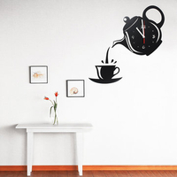 DIY Modern Teapot & Cup Acrylic Large Black Wall Clock Home Kitchen Dining Room Decor