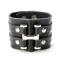 Double Loop Wide Snap Button Rivet Leather Bracelet