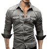Double Pockets Casual Denim Solid Color Dress Shirt