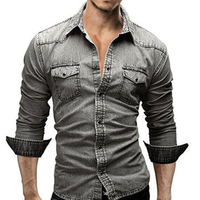 Double Pockets Casual Denim Solid Color Dress Shirt