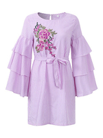 Elegant Bell Sleeve Striped Patchwork Dresses