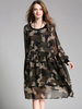 Elegant Camouflage Round Neck Rib Cuff Chiffon Dress For Women