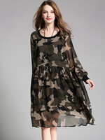 Elegant Camouflage Round Neck Rib Cuff Chiffon Dress For Women