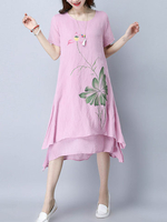 Elegant Floral Print Layered Irregular Short Sleeve O-neck Women Dress