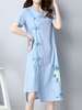 Elegant Floral Print Split Frog Button Short Sleeve Dress For Women