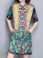 Elegant Floral Print Split Short Sleeve O-neck Dress For Women
