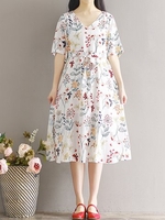 Elegant Floral Print Tie Half Sleeve V-neck Dress For Women