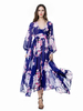 Elegant Flower Printed Lantern Sleeve Chiffon Maxi Dress For Women